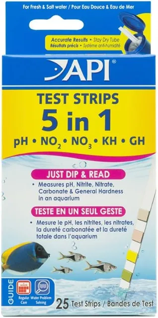 API Kit Teste Fita 5 em 1 pH KH GH NO2 NO3 25 tiras