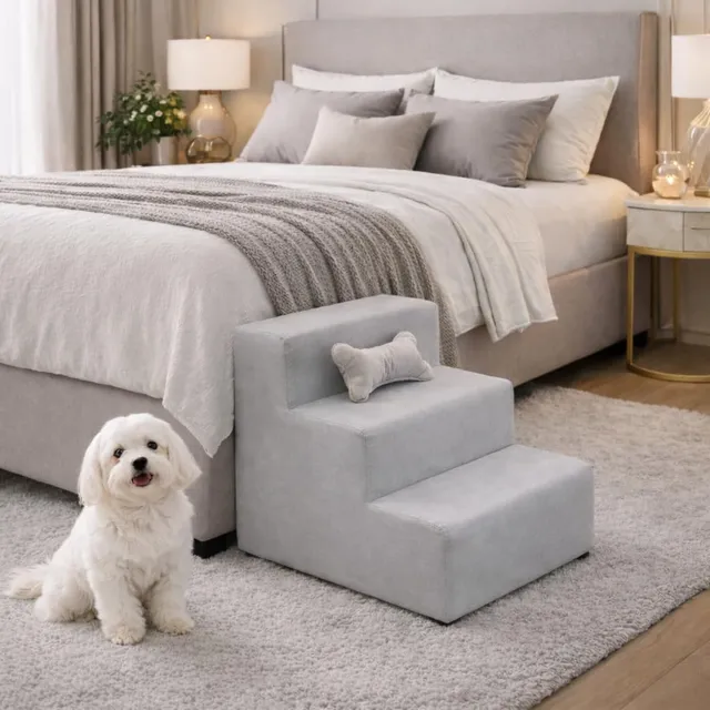 Escada para pet de três degraus revestida em veludo cinza