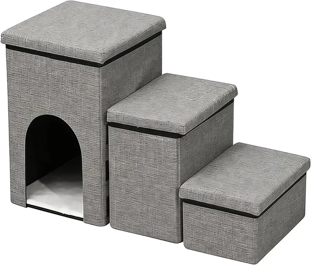 Escada 3 em 1 para pets que também serve como cama e armazenamento