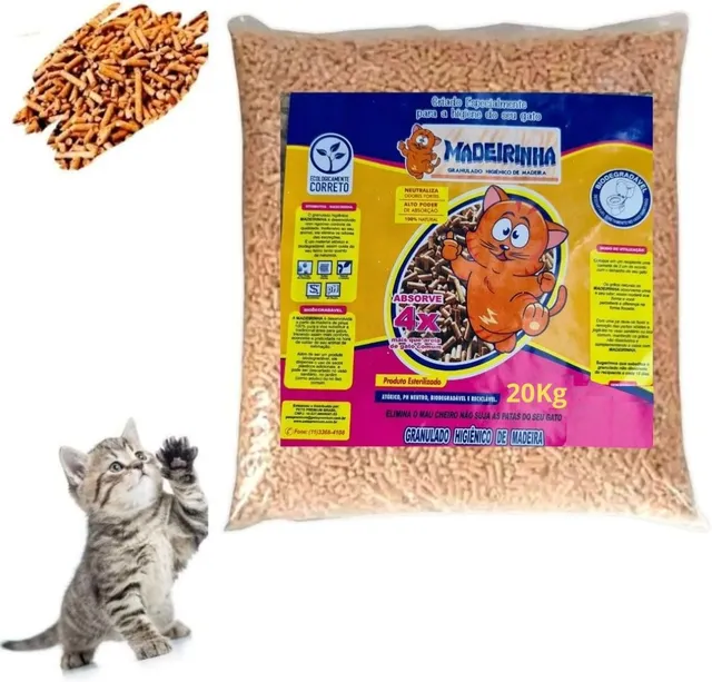 Pellets higiênicos de madeira Madeirinha, saco de 20 kg