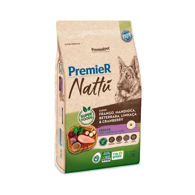 Ração Premier Nattu Cães Sênior Mandioca 10,1kg