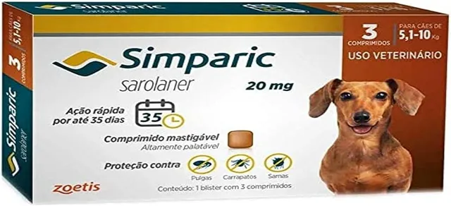Zoetis Simparic 20 mg para Cães de 5,1 a 10 kg, 3 Comprimidos